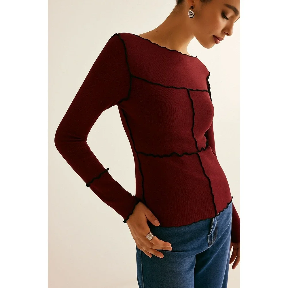 Commense‎ Deep Burgundy Ribbed Lettuce Hem Seam Detail Long Sleeve Top Small - Picture 4 of 13
